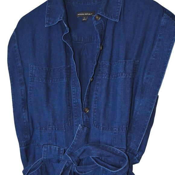 Banana Republic Linen Blend Jumpsuit Size L Indigo Utility One Piece Safari $220 - Picture 4 of 9
